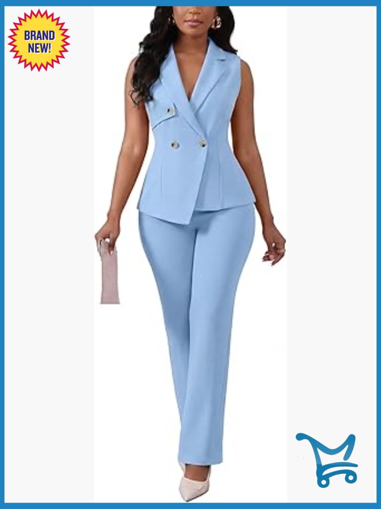 2 Piece Pant Suit Dressy V Neck Vest Blazer Wide Leg Pants Set Business Casual